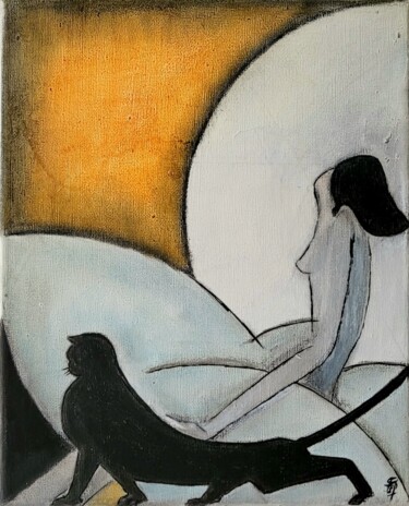 Painting titled "La Femme au chat" by Stefan, Original Artwork, Pastel Mounted on Wood Stretcher frame