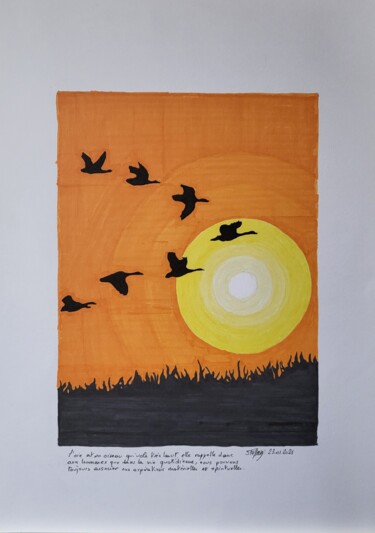 Dessin intitulée "Oies sauvages au jo…" par Stefan, Œuvre d'art originale, Encre