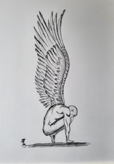 Drawing titled "L'ange" by Stefan, Original Artwork, Ink