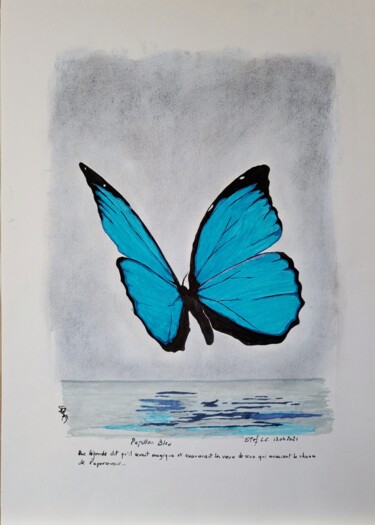 Zeichnungen mit dem Titel "Morpho bleu" von Stefan, Original-Kunstwerk, Tinte