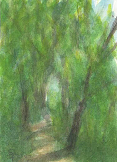 Malerei mit dem Titel "Waldweg" von Stefan Bock, Original-Kunstwerk, Aquarell
