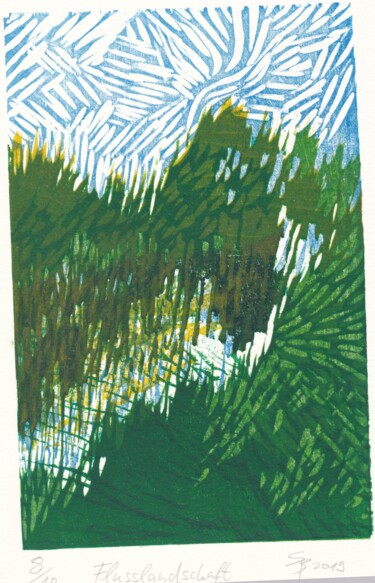 Printmaking titled "Flusslandschaft" by Stefan Bock, Original Artwork, Xylography