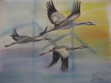 Painting titled "les grues avec les…" by Stefan Dhein, Original Artwork, Pastel