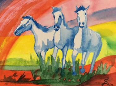 Pintura intitulada "les chevaux bleus/…" por Stefan Dhein, Obras de arte originais, Aquarela