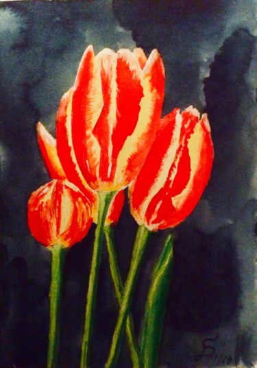 Schilderij getiteld "Tulpen" door Stefan Dhein, Origineel Kunstwerk, Aquarel