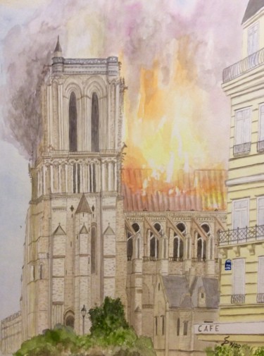 Pintura titulada "Paris: L‘incendie d…" por Stefan Dhein, Obra de arte original, Acuarela