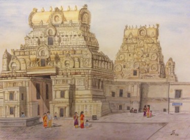Malerei mit dem Titel "Tanjore temple, Ind…" von Stefan Dhein, Original-Kunstwerk, Aquarell