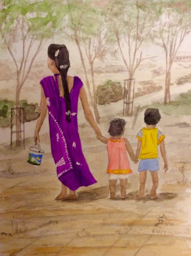Malerei mit dem Titel "Indische Frau mit K…" von Stefan Dhein, Original-Kunstwerk, Aquarell