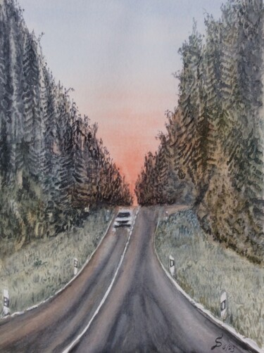 Pintura intitulada "sur la route" por Stefan Dhein, Obras de arte originais, Aquarela