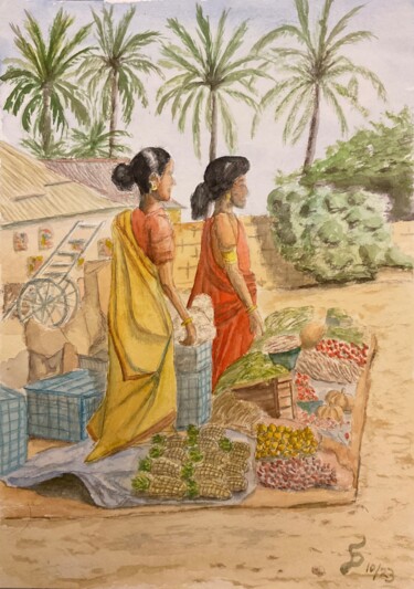 Pittura intitolato "Indian market" da Stefan Dhein, Opera d'arte originale, Acquarello