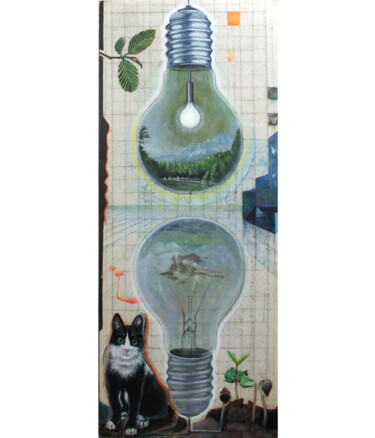 Painting titled "Schrödingers Katze" by Stefani Ruprecht, Original Artwork, Acrylic Mounted on Wood Panel