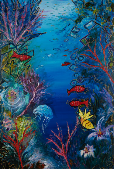 Painting titled "Deep blue" by Stefania Pinci, Original Artwork, Oil