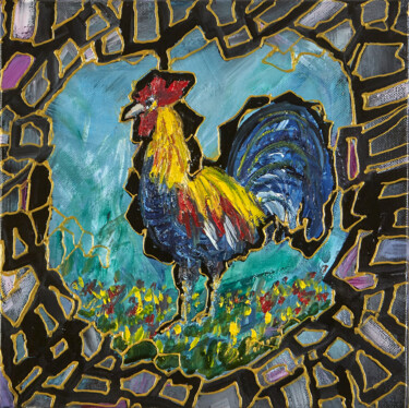 Pittura intitolato "Il gallo furbetto" da Stefania Pinci, Opera d'arte originale, Olio