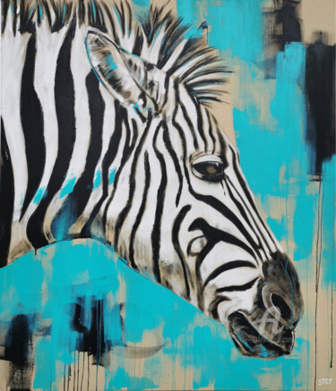Malarstwo zatytułowany „ZEBRA IN TURQUOISE” autorstwa Stefanie Rogge, Oryginalna praca, Akryl Zamontowany na Drewniana rama…