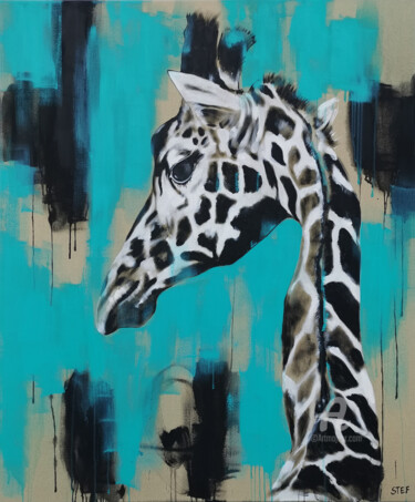 Painting titled "GIRAFFE IN TURQUOISE" by Stefanie Rogge, Original Artwork, Acrylic