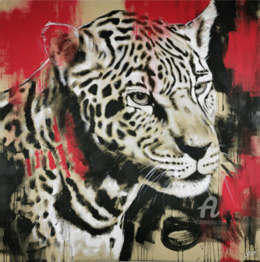 Painting titled "BIG CAT - LEOPARD #3" by Stefanie Rogge, Original Artwork, Acrylic Mounted on Wood Stretcher frame