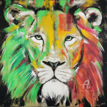 Painting titled "LION #16 - SERIES B…" by Stefanie Rogge, Original Artwork, Acrylic Mounted on Wood Stretcher frame