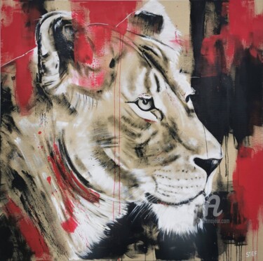 Schilderij getiteld "LIONESS #8" door Stefanie Rogge, Origineel Kunstwerk, Acryl Gemonteerd op Frame voor houten brancard