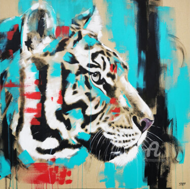 Painting titled "TIGER #11 - Big Cat" by Stefanie Rogge, Original Artwork, Acrylic Mounted on Wood Stretcher frame