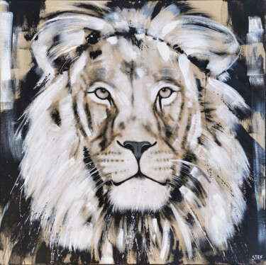 Painting titled "LION #23" by Stefanie Rogge, Original Artwork, Acrylic Mounted on Wood Stretcher frame