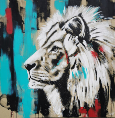 Painting titled "LION #21 - SERIES B…" by Stefanie Rogge, Original Artwork, Acrylic Mounted on Wood Stretcher frame