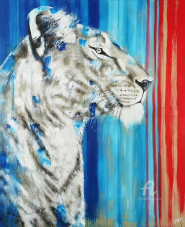Картина под названием "LIONESS #10- RED LI…" - Stefanie Rogge, Подлинное произведение искусства, Акрил Установлен на Деревян…