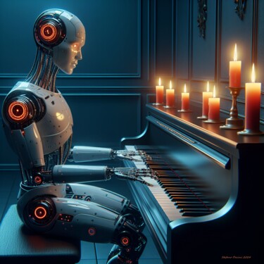 Artes digitais intitulada "A Cyborg Playing Pi…" por Stefano Pacini, Obras de arte originais, Imagem gerada por IA