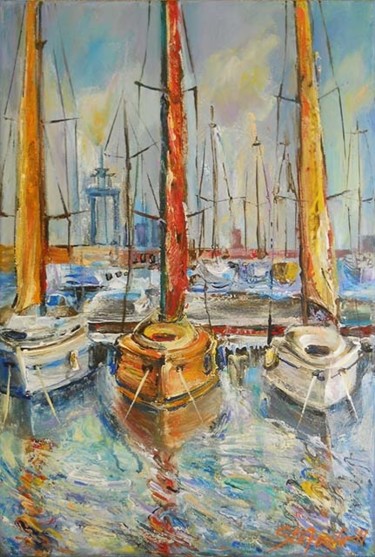 Painting titled "Castellon, Boats at…" by Stefano Popovski, Original Artwork, Oil
