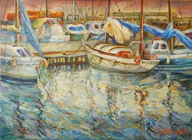 Painting titled "Castellon, Boats at…" by Stefano Popovski, Original Artwork, Oil