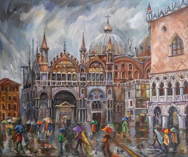 Painting titled "San Marco - Rainy A…" by Stefano Popovski, Original Artwork, Oil