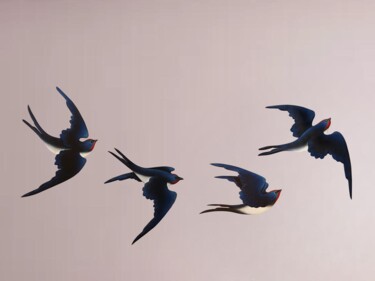 Картина под названием "Dreamy flock of swa…" - Stefanos Katsavos, Подлинное произведение искусства, Дерево