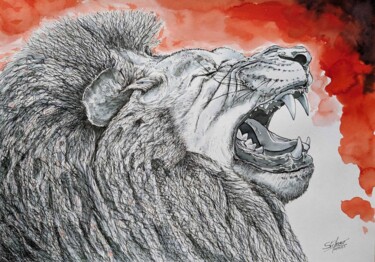 Dessin intitulée "Le Lion" par Stéfarno, Œuvre d'art originale, Encre Monté sur Panneau de bois