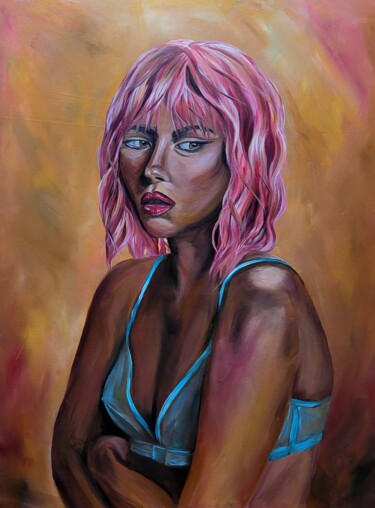 Painting titled "Pink Hair Don't Care" by Stefi Ash, Original Artwork, Acrylic Mounted on Wood Stretcher frame