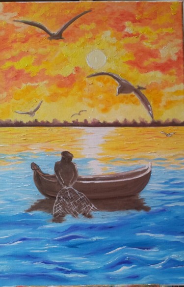Painting titled "Tramonto in mare" by Stefka Hristova, Original Artwork