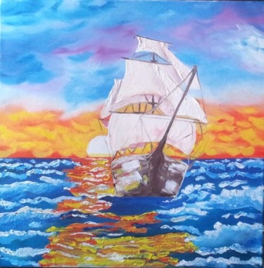 Painting titled "Nave in tramonto" by Stefka Hristova, Original Artwork, Oil