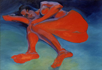 Painting titled "Red on Blue" by Klaus Steigner, Original Artwork, Oil