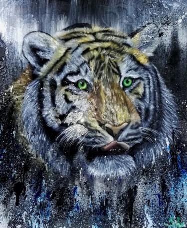 Painting titled "le tigre 2 format 1…" by Steivan Loundou, Original Artwork, Oil Mounted on Wood Stretcher frame