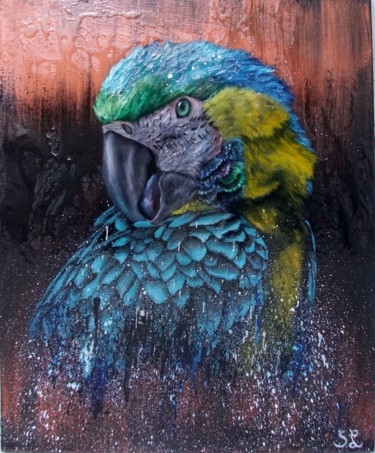 Peinture intitulée "le perroquet format…" par Steivan Loundou, Œuvre d'art originale, Huile Monté sur Châssis en bois