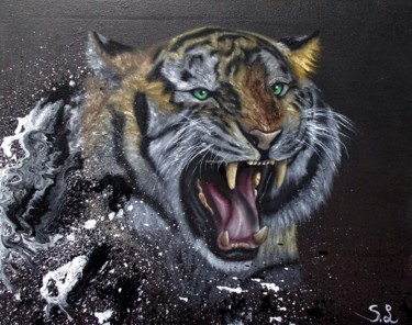 Painting titled "le tigre" by Steivan Loundou, Original Artwork, Oil Mounted on Wood Stretcher frame