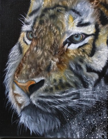 Painting titled "Tigre format 24/30…" by Steivan Loundou, Original Artwork, Oil Mounted on Wood Stretcher frame