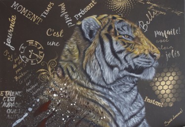 Painting titled "Le tigre 2" by Steivan Loundou, Original Artwork, Oil Mounted on Wood Stretcher frame