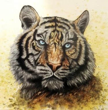 Painting titled "le tigre peinture a…" by Steivan Loundou, Original Artwork, Oil Mounted on Wood Stretcher frame