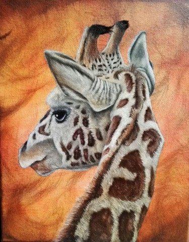Painting titled "La girafe huile sur…" by Steivan Loundou, Original Artwork, Oil Mounted on Wood Stretcher frame