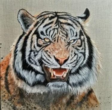 Peinture intitulée "Le tigre huile sur…" par Steivan Loundou, Œuvre d'art originale, Huile Monté sur Châssis en bois