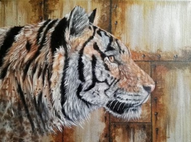 Картина под названием "Tigre fond trompe l…" - Steivan Loundou, Подлинное произведение искусства, Масло Установлен на Деревя…