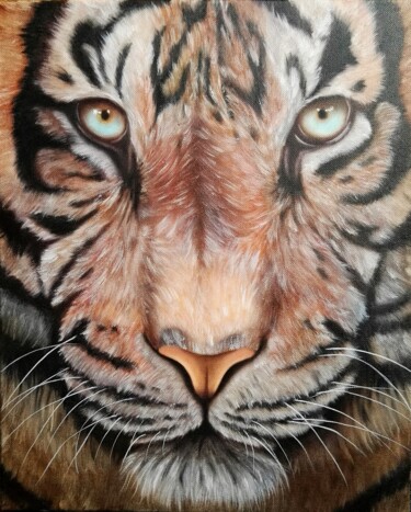 Pintura titulada "tigre huile sur toi…" por Steivan Loundou, Obra de arte original, Oleo Montado en Bastidor de camilla de m…