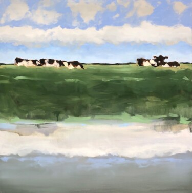 Painting titled "Grazing cows" by Stella Burggraaf, Original Artwork, Oil Mounted on Wood Stretcher frame