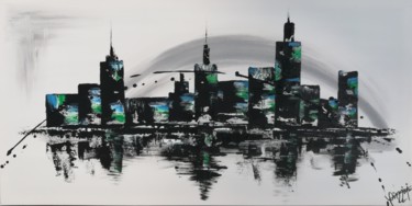 Painting titled "City" by Lydia Piazzini, Original Artwork, Acrylic Mounted on Wood Stretcher frame