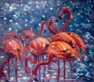 Painting titled "Фламинго в снегу" by Andrei Semenov, Original Artwork, Oil