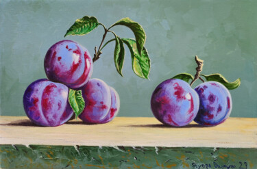 Painting titled "Still life - plums…" by Stepan Ohanyan, Original Artwork, Oil Mounted on Wood Stretcher frame